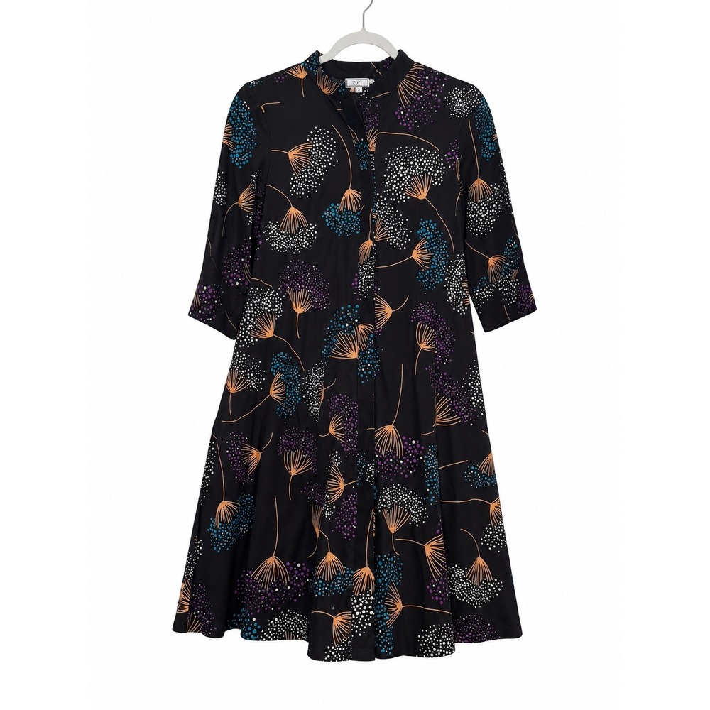 Zuri Kenya Fireworks Cotton Shirt Dress Long XS Black Floral Button Down